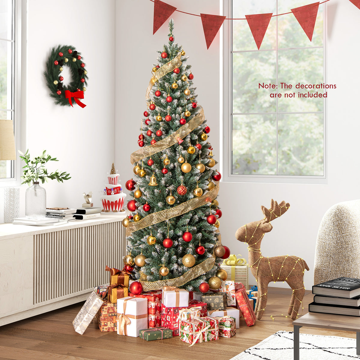 6FT/9FT Pre-Lit Pencil Christmas Tree, Snowy Artificial Christmas Tree with 1298 Branch Tips & 500 LED Lights