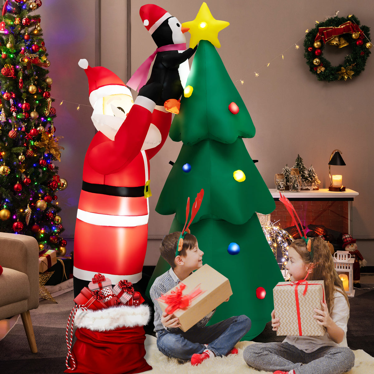 6FT Inflatable Christmas Decoration, Blow Up Christmas Tree & Santa Claus with Penguin