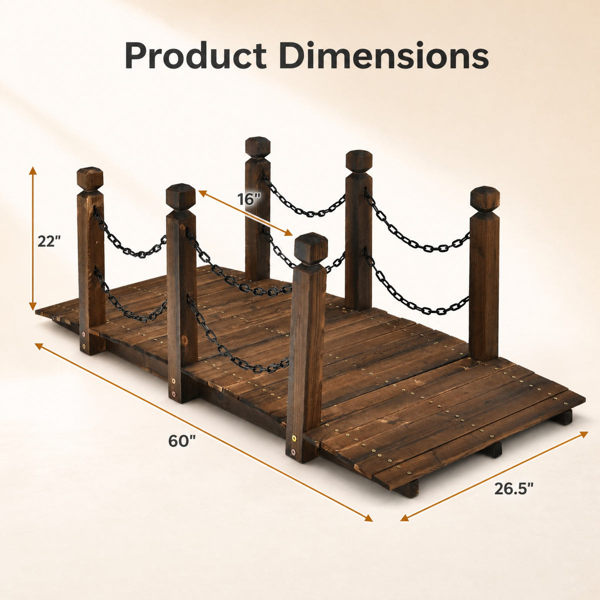 150cm Wooden Bridge, Arc Footbridge w/Safe Chain Railings, Outside Small Arc Pond Bridge