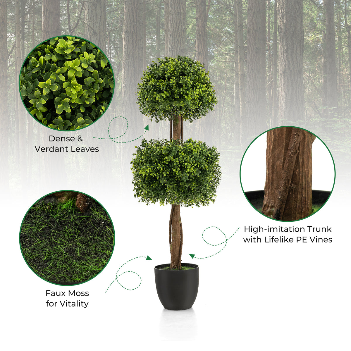 40" Artificial Boxwood Topiary Ball Tree, Double Ball Boxwood Plant with Cement-Filled Plastic Pot
