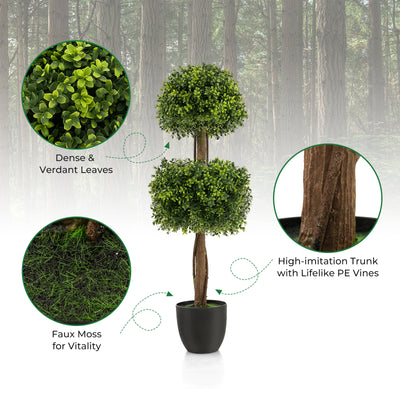 40" Artificial Boxwood Topiary Ball Tree, Double Ball Boxwood Plant with Cement-Filled Plastic Pot