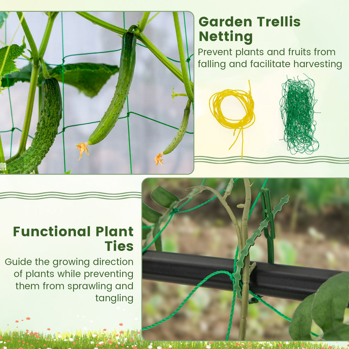 74" Raised Bed Cucumber Trellis, Outdoor Garden Trellis w/Netting, PE-Coated Metal Plant Support for Climbing Vegetables