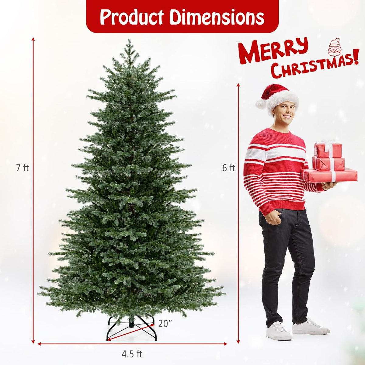 Lucktree 5ft / 6ft / 7ft Pre-Lit Artificial Christmas Tree with Lush PVC & PE Tips Warm White LED Lights