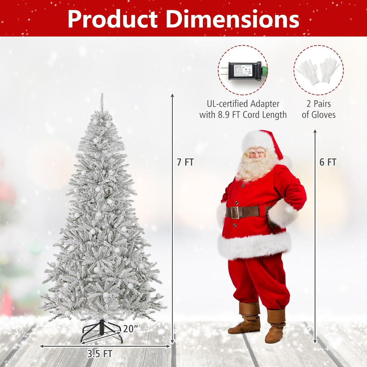 Lucktree Pre-Lit Snow Flocked Christmas Tree with Warm White LED Lights & Globe Lights
