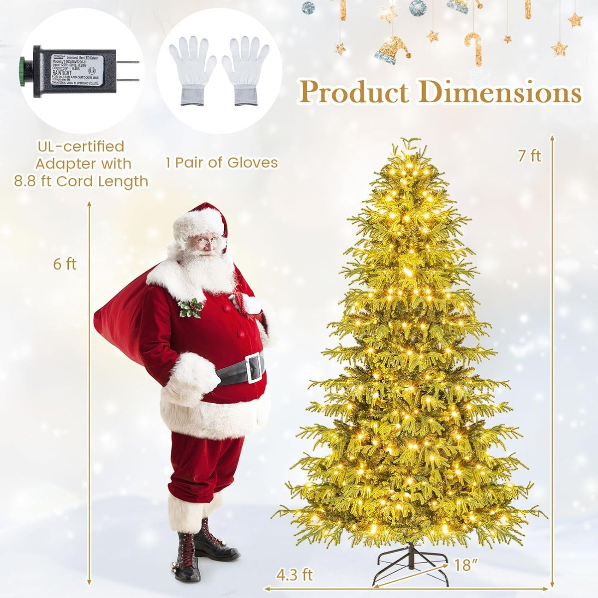 Lucktree Pre-Lit Artificial Christmas Tree with PVC & Soft TPE Branch Tips & Foldable Metal Stand
