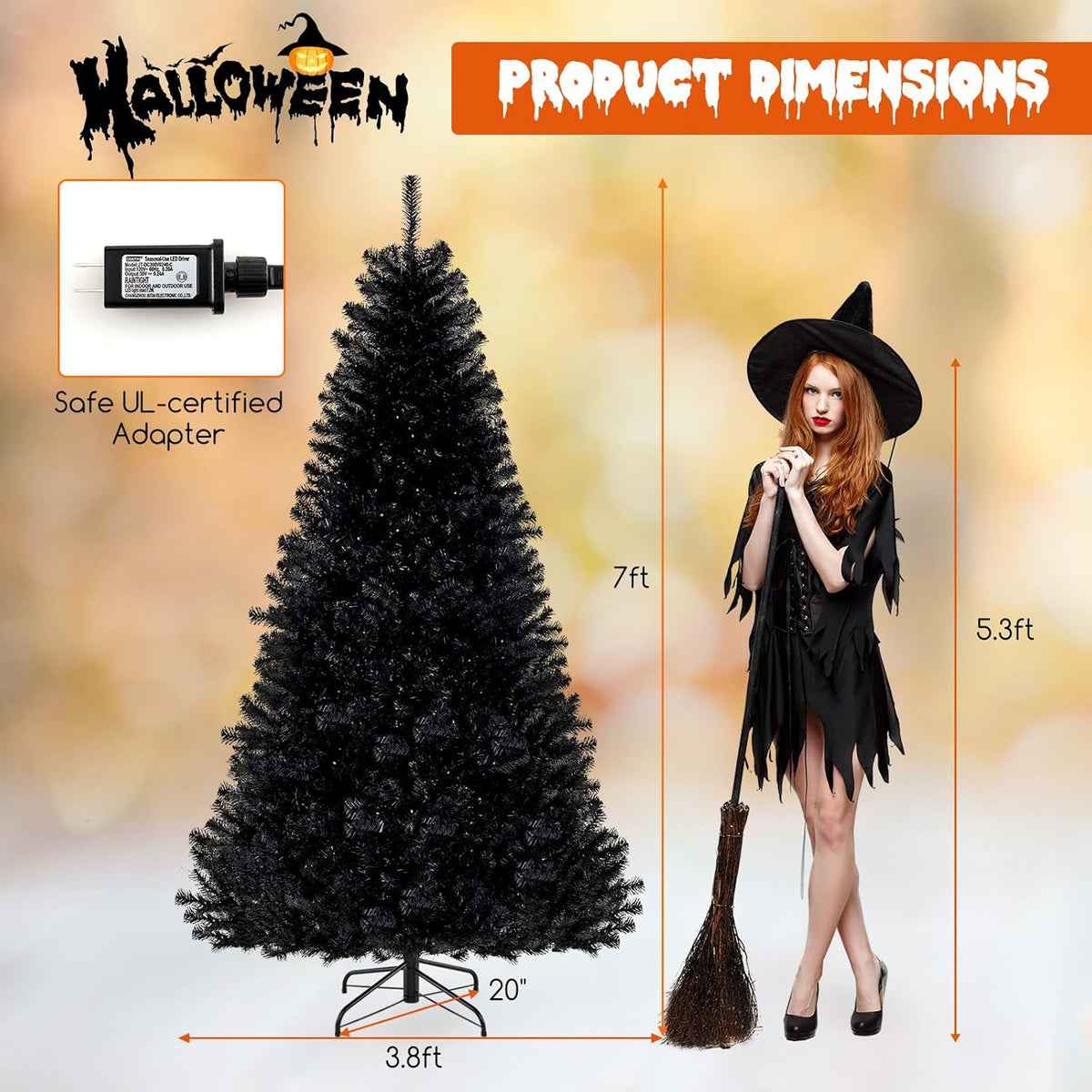 Lucktree 6/7/8 FT Pre-Lit Black Halloween Tree, Artificial Hinged Christmas Tree with 280/380/500 Orange & Purple LED Lights
