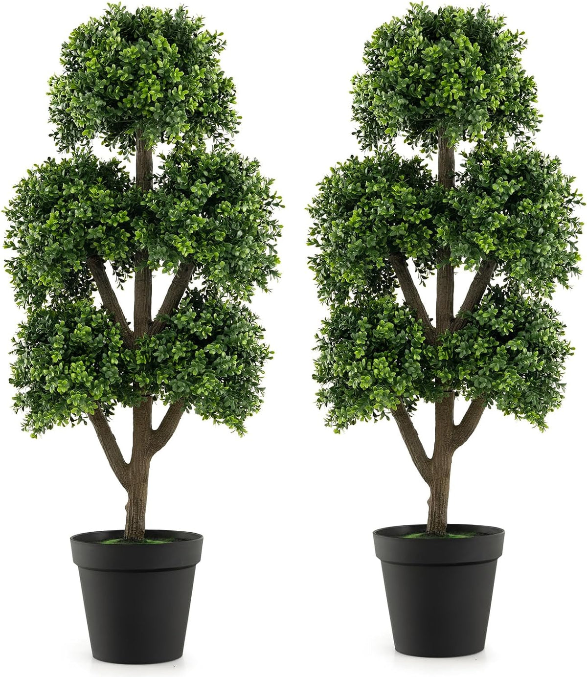 Lucktree Artificial Boxwood Topiary Tree, 45” Tall Faux Potted Plants with 5 Ball-Shaped Topiaries, Cement Flowerpot