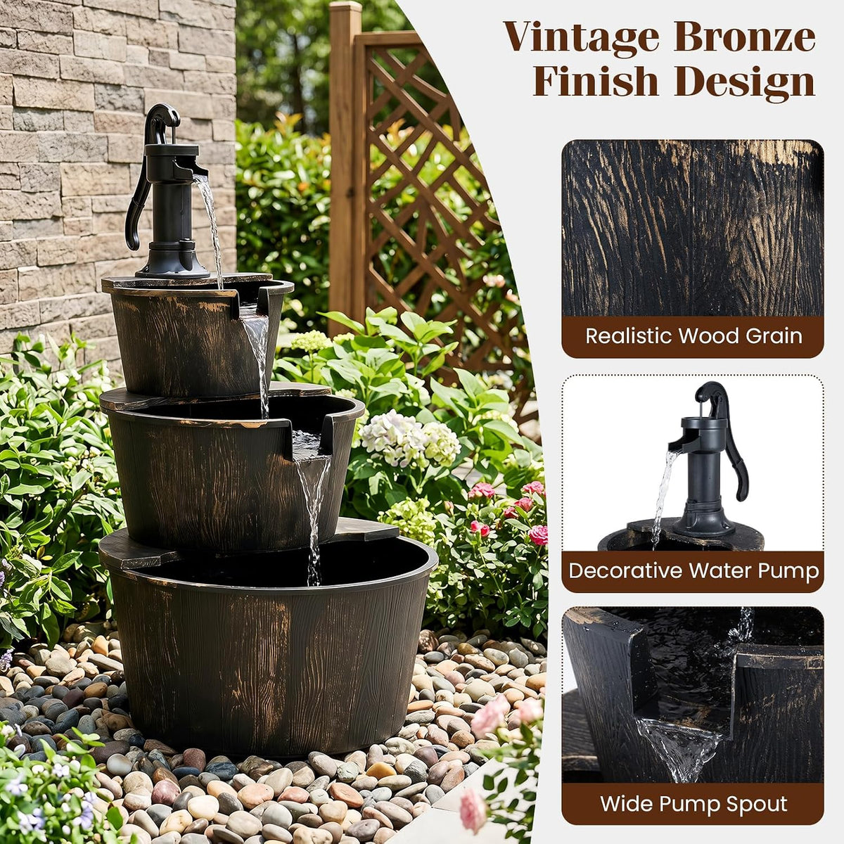 Lucktree 3-Tier Barrel Waterfall Fountain with Electric Pump
