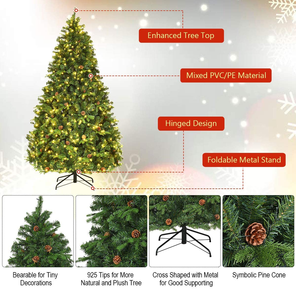 7ft Pre-Lit Artificial Christmas Tree, Premium Spruce Hinged Tree with 460 LED Lights - LucktreeUS