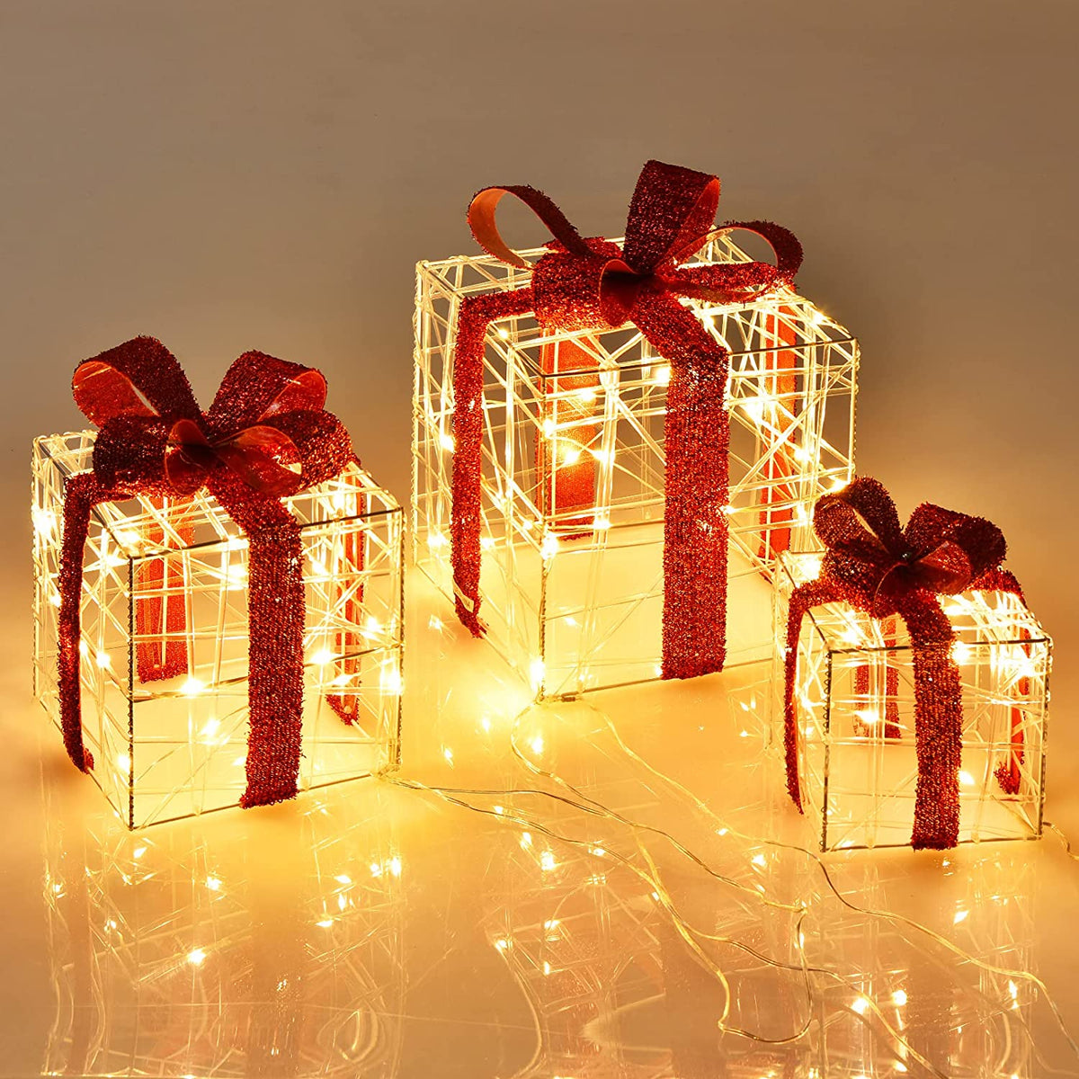 Lighted Gift Boxes Christmas Decoration, Set of 3 White Present Ornament Boxes with 60 LED Lights - LucktreeUS
