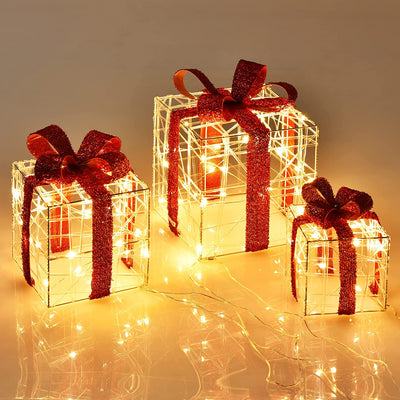 Lighted Gift Boxes Christmas Decoration, Set of 3 White Present Ornament Boxes with 60 LED Lights - LucktreeUS