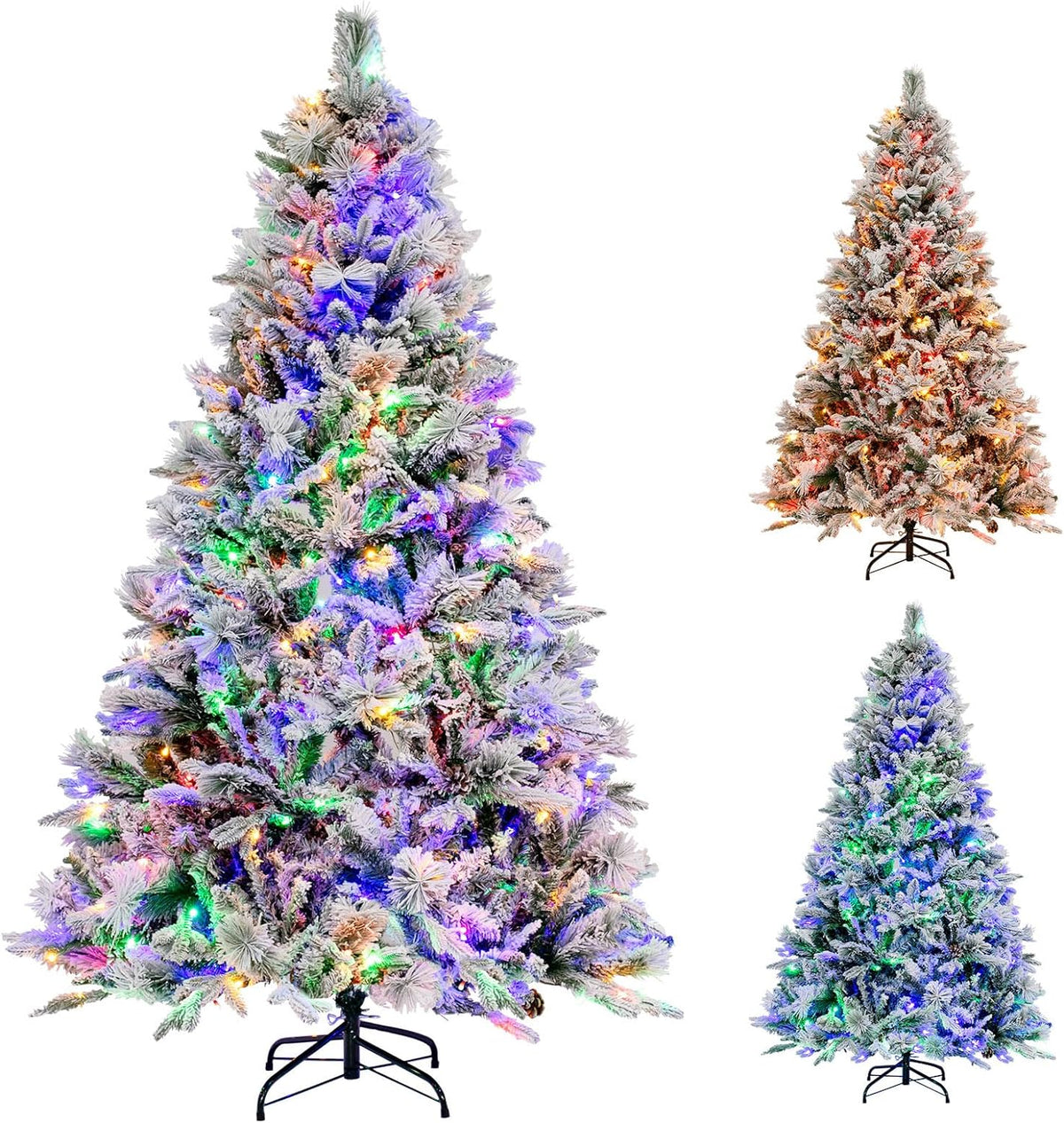 Lucktree Pre-Lit Snow Flocked Christmas Tree, Artificial Hinged Xmas Tree with 160 Multi-Color LED Lights