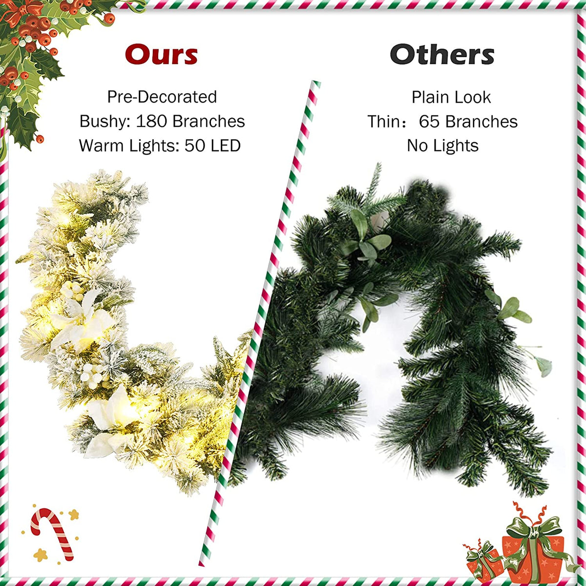 9ft Snow Flocked Christmas Garland with 50 LED Light - LucktreeUS