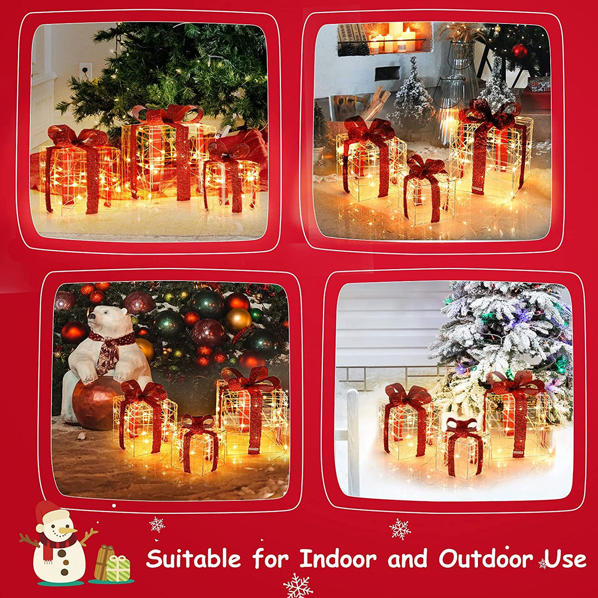 Lighted Gift Boxes Christmas Decoration, Set of 3 White Present Ornament Boxes with 60 LED Lights - LucktreeUS