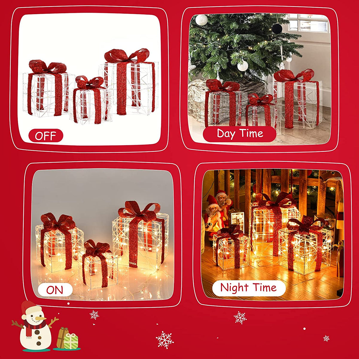 Lighted Gift Boxes Christmas Decoration, Set of 3 White Present Ornament Boxes with 60 LED Lights - LucktreeUS