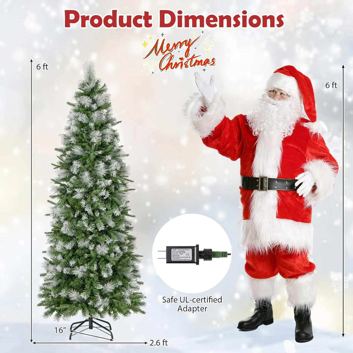 Lucktree 6ft / 7.5ft / 9ft Pre-Lit Pencil Christmas Tree with Flocked Frosted Tips & LED Lights