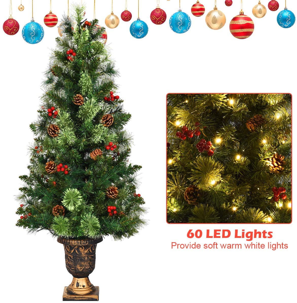 4 FT Christmas Tree Pre-Lit Tabletop Artificial Entrance Tree with 60 Led Lights - LucktreeUS