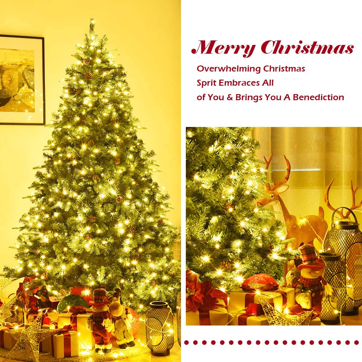 7ft Pre-Lit Artificial Christmas Tree, Premium Spruce Hinged Tree with 460 LED Lights - LucktreeUS