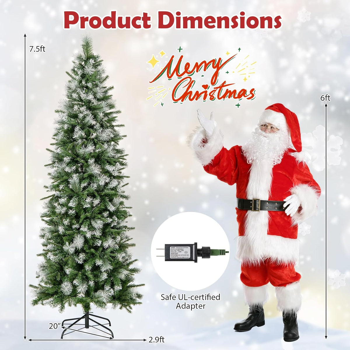 Lucktree 6ft / 7.5ft / 9ft Pre-Lit Pencil Christmas Tree with Flocked Frosted Tips & LED Lights