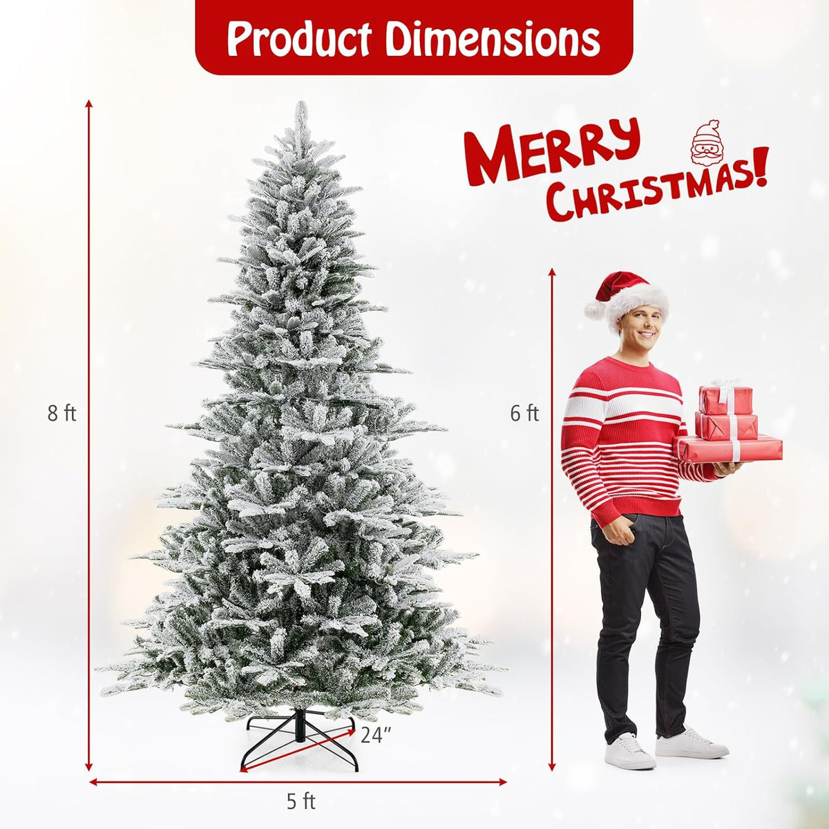 Lucktree 6/7/8 ft Pre-Lit Snow Flocked Christmas Tree, Artificial Hinged Xmas Tree with 661/1119/1447 PVC & PE Tips