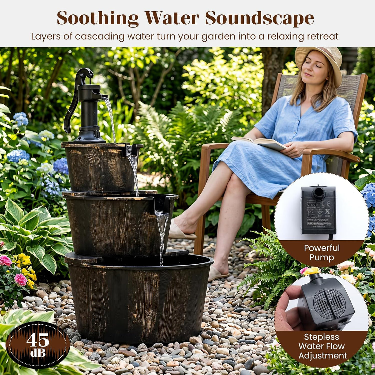Lucktree 3-Tier Barrel Waterfall Fountain with Electric Pump