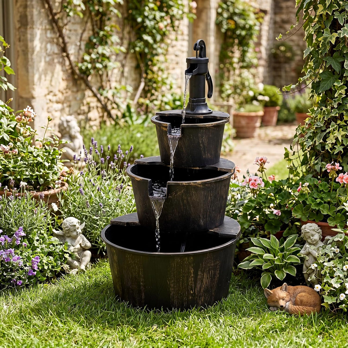 Lucktree 3-Tier Barrel Waterfall Fountain with Electric Pump