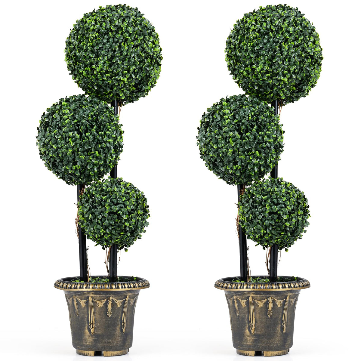 Lucktree 3 FT Artificial Boxwood Topiary Tree Sun-Protective Triple Ball Fake Plants Shrubs (1/2 Pack)