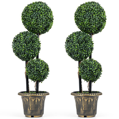 Lucktree 3 FT Artificial Boxwood Topiary Tree Sun-Protective Triple Ball Fake Plants Shrubs (1/2 Pack)