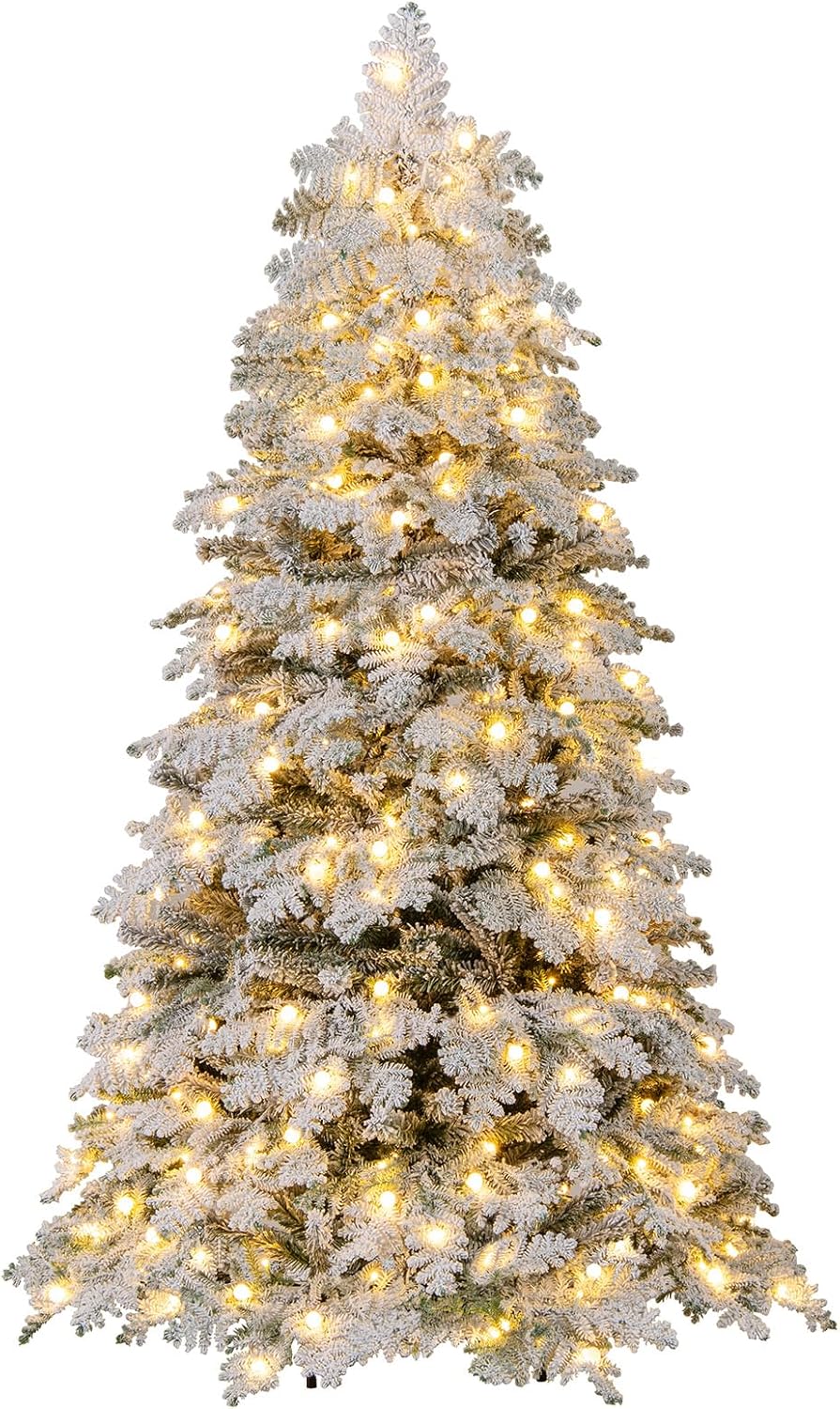 Lucktree Pre-Lit Snow Flocked Christmas Tree with Mixed Branch Tips & LED Lights