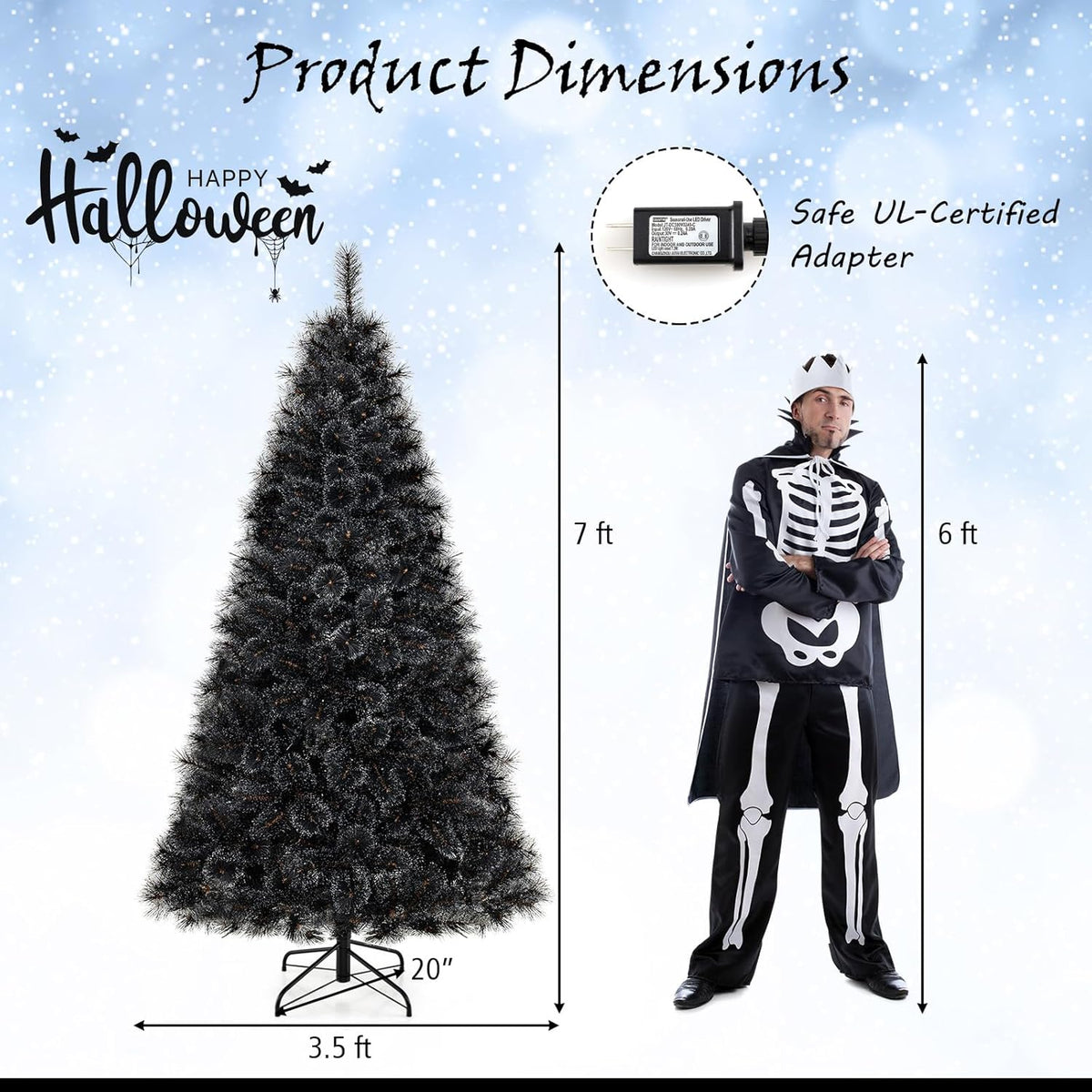 Lucktree 6/7/8 ft Pre-Lit Black Halloween Christmas Tree, Artificial Hinged Xmas Full Tree with 362/572/860 Pine Needles & PVC Branch Tips