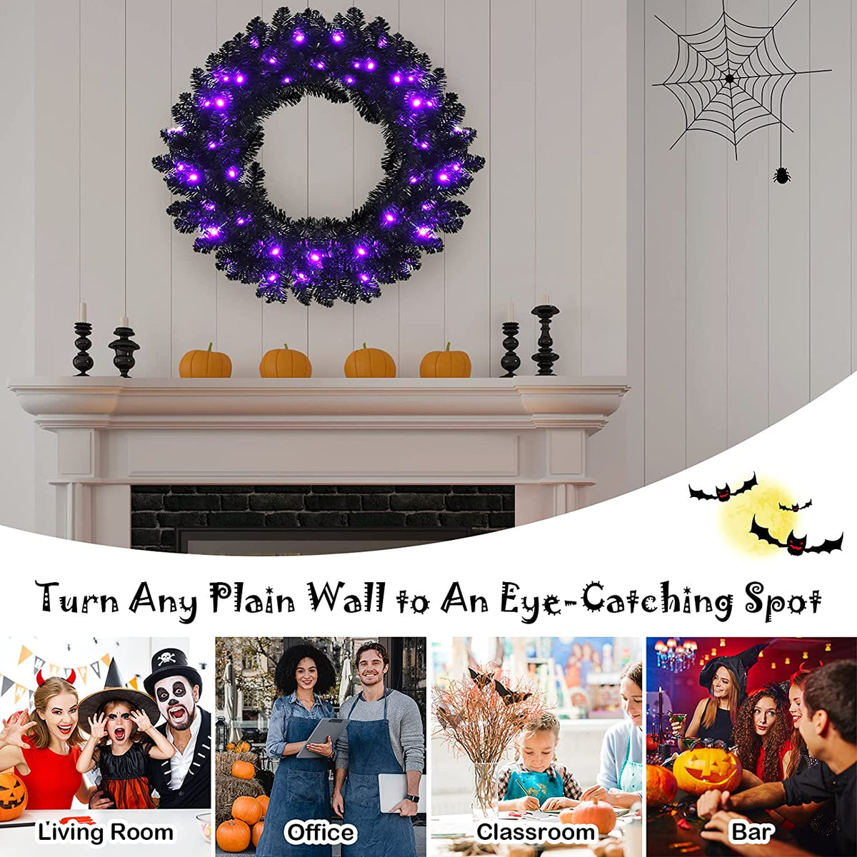 24' Black Halloween Wreath, Pre-lit Artificial Christmas Wreath - LucktreeUS