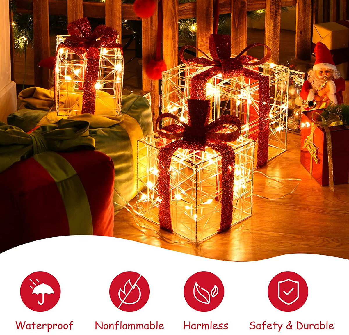 Lighted Gift Boxes Christmas Decoration, Set of 3 White Present Ornament Boxes with 60 LED Lights - LucktreeUS
