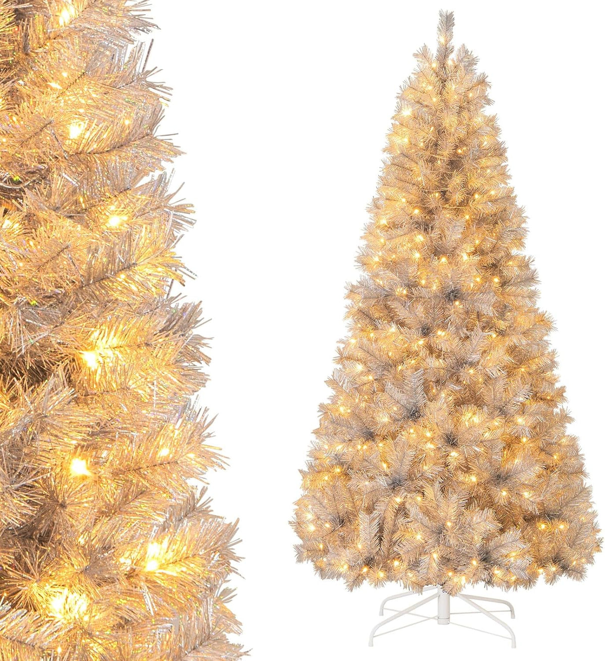 Lucktree 5ft / 6ft / 7 ft Pre-Lit Silver Tinsel Christmas Tree with Warm White LED Lights
