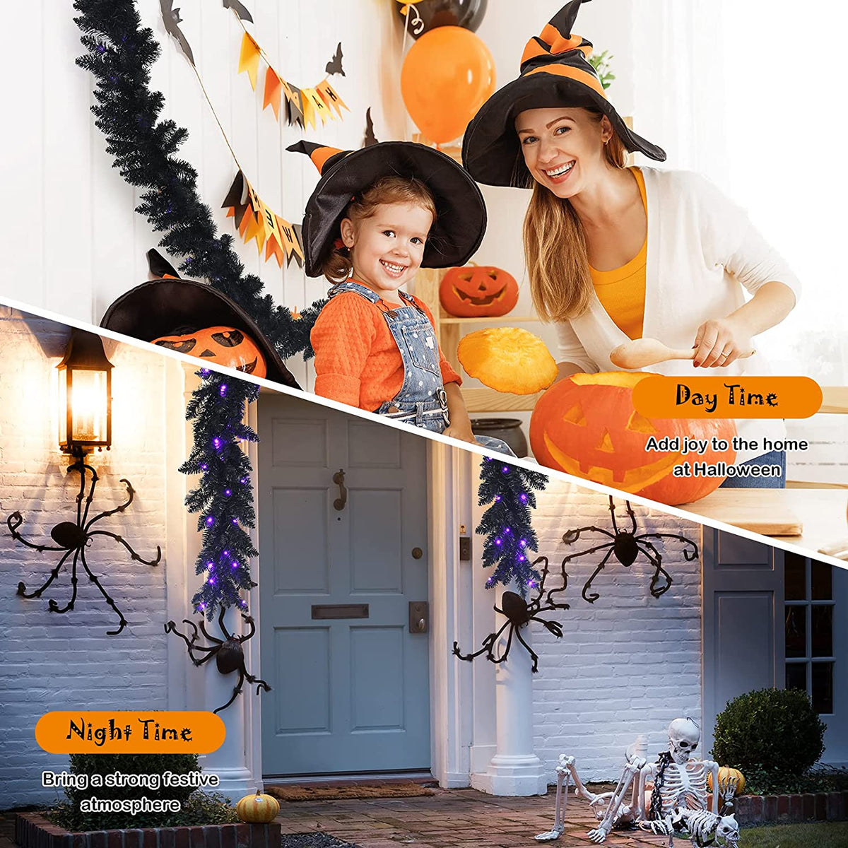 9FT Black Halloween Garland with Lights - LucktreeUS