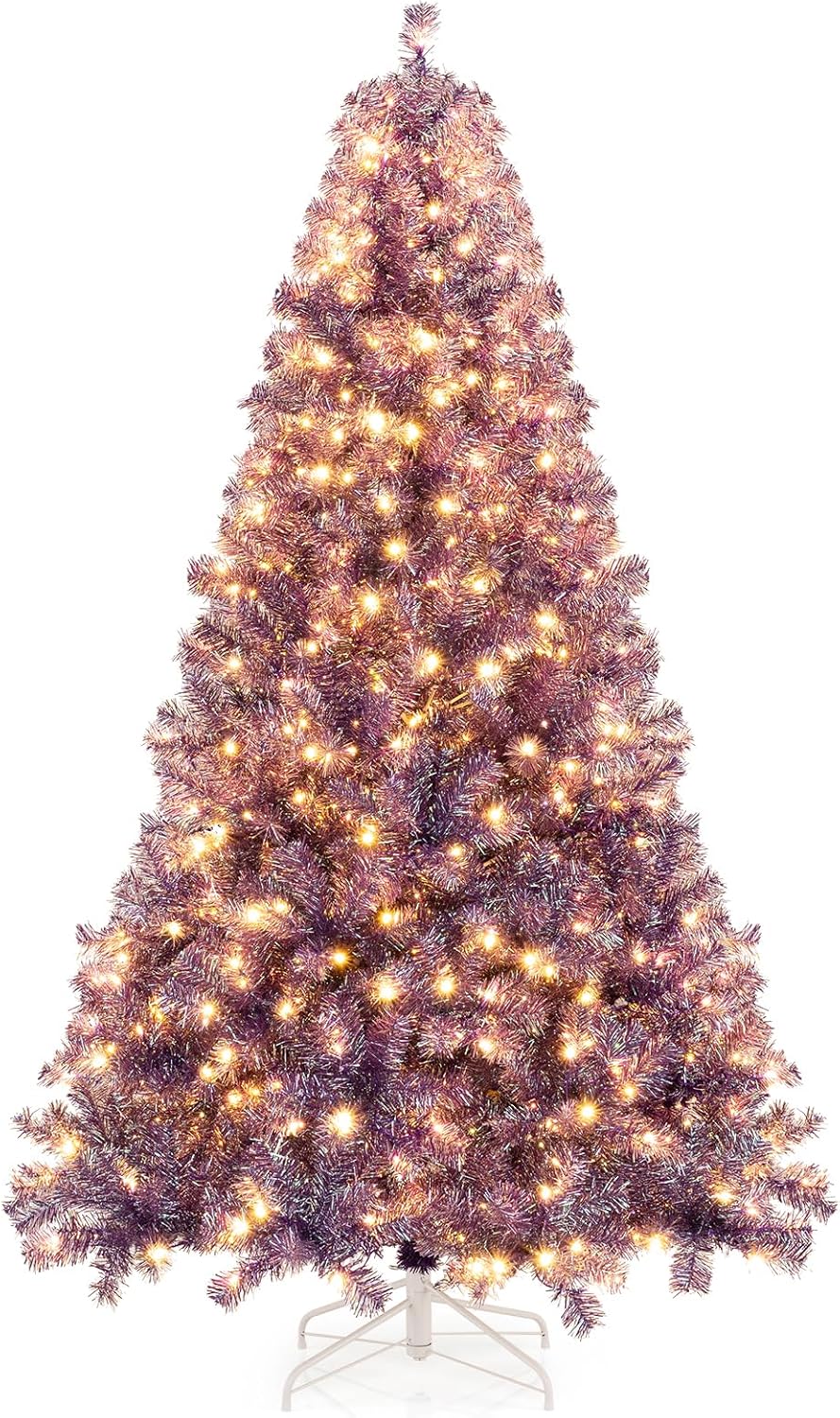 Lucktree 6FT / 7.5FT Pre-Lit Tinsel Christmas Tree with Warm White LED Lights