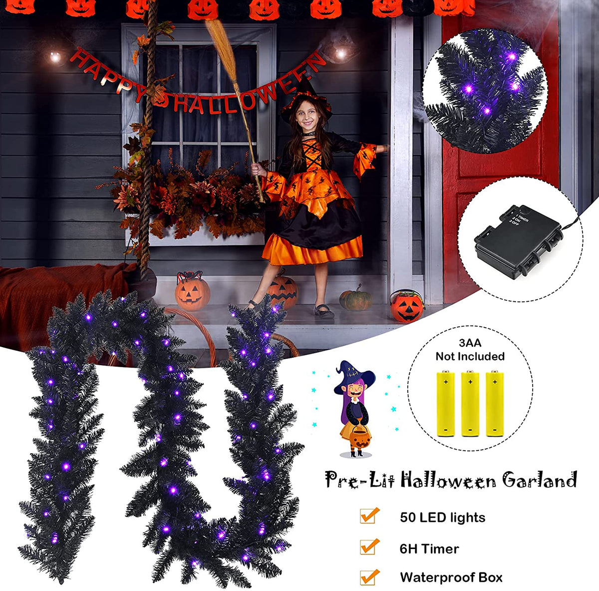 9FT Black Halloween Garland with Lights - LucktreeUS