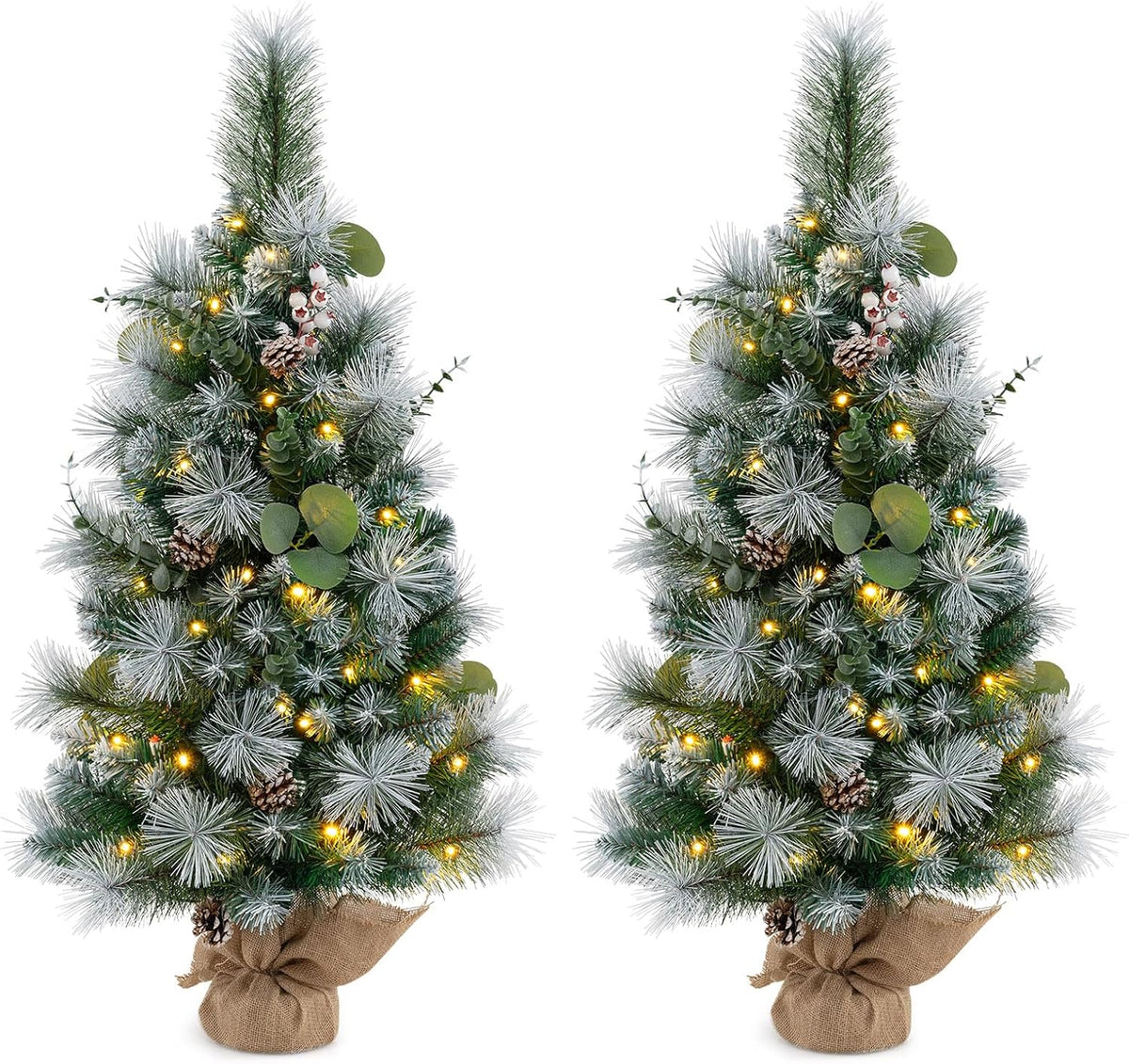 Lucktree 3ft Pre-Lit Mini Tabletop Christmas Tree with 30 Warm White LED Lights, Timer, 98 Flocked PVC & Pine Needles