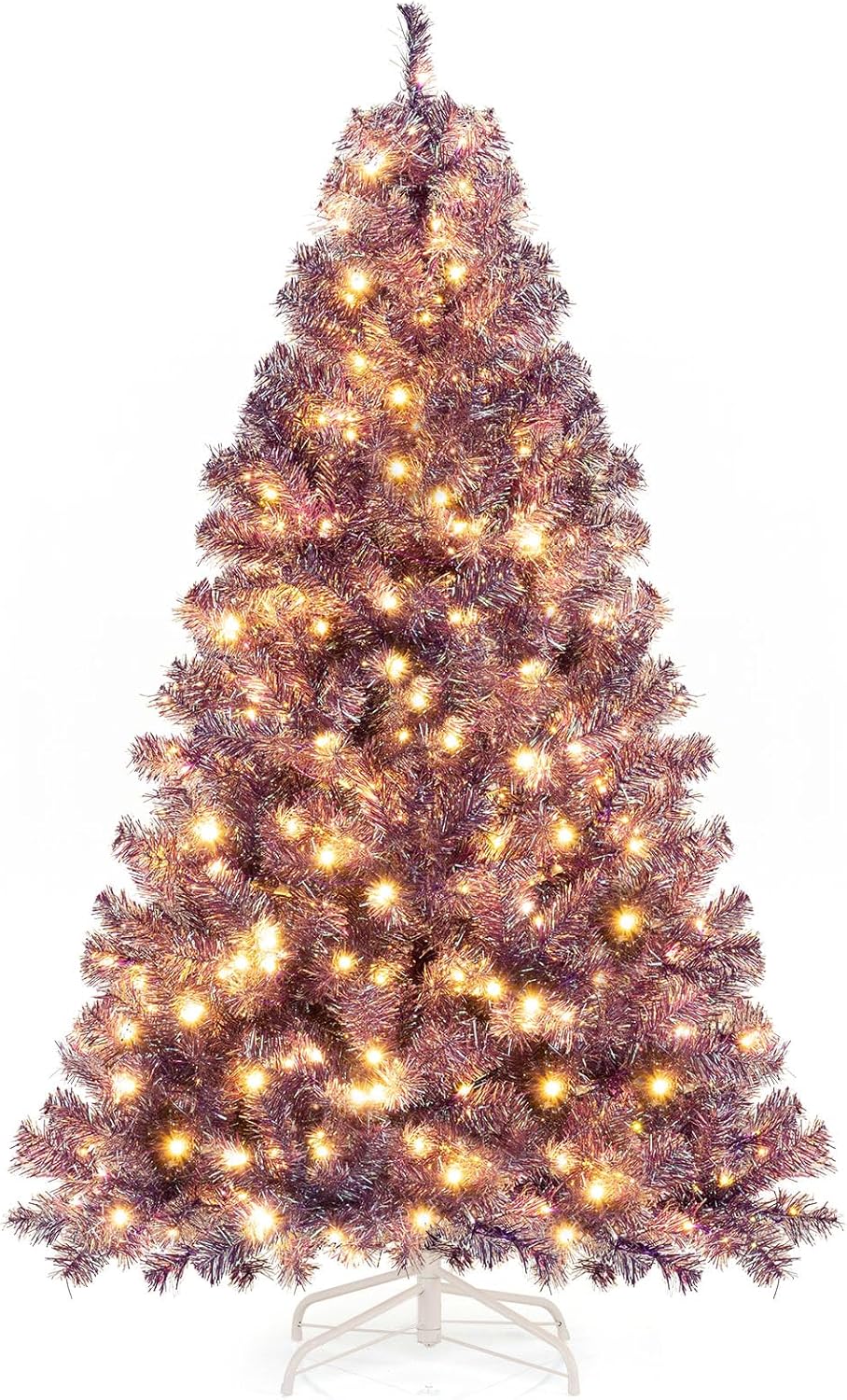 Lucktree 6FT / 7.5FT Pre-Lit Tinsel Christmas Tree with Warm White LED Lights