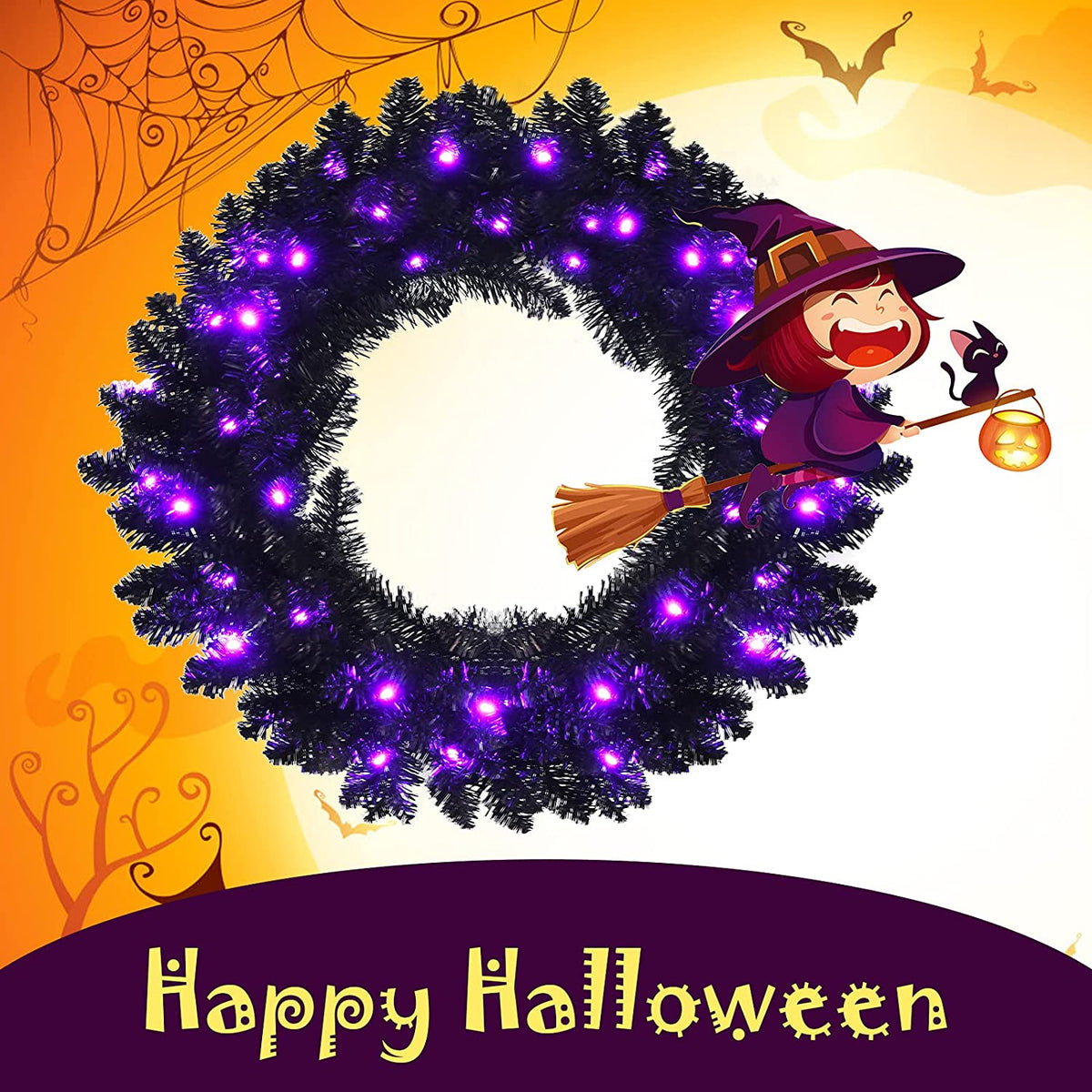 24' Black Halloween Wreath, Pre-lit Artificial Christmas Wreath - LucktreeUS