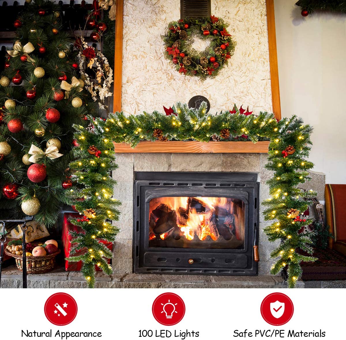 9FT Pre-lit Christmas Garland with 100 LED Lights - LucktreeUS