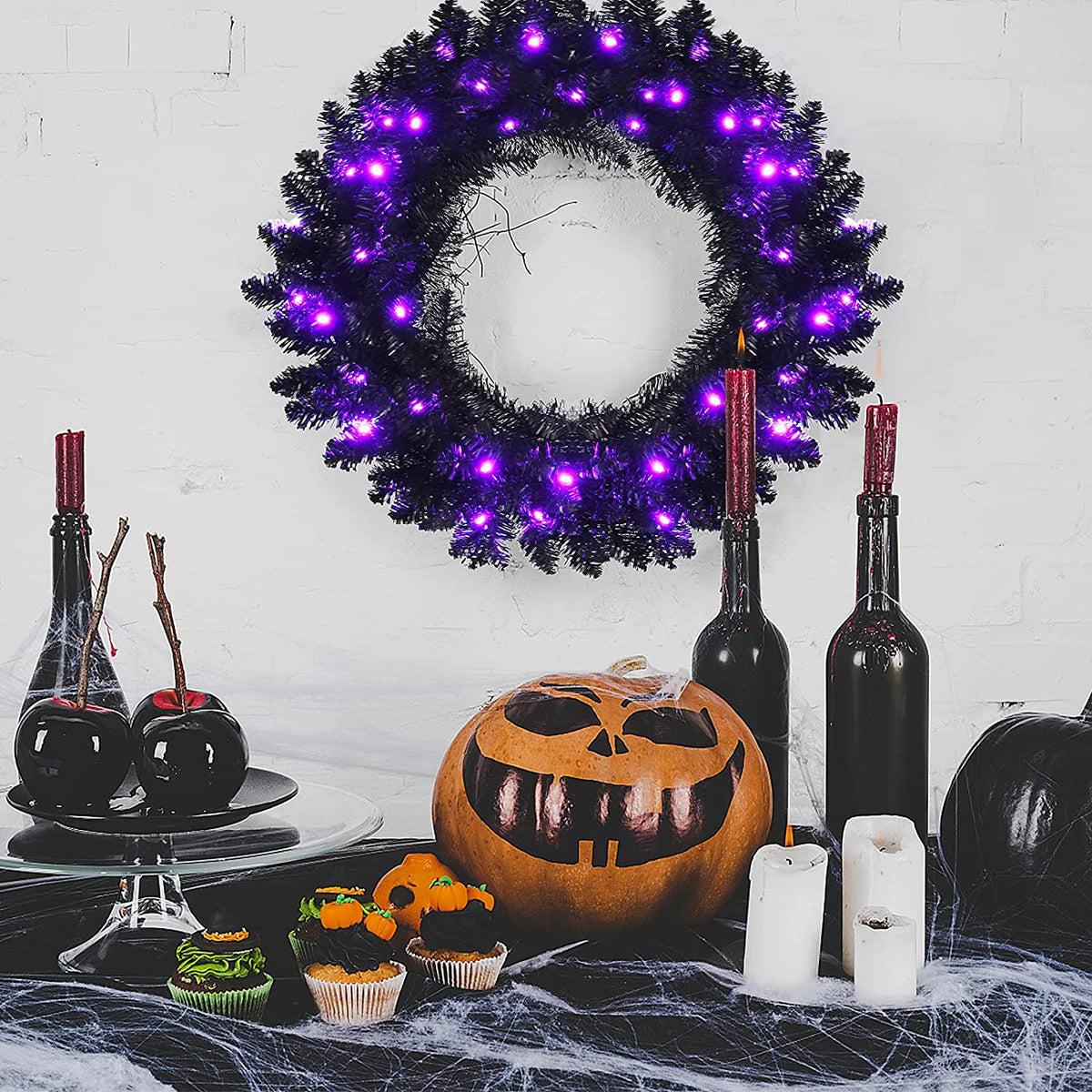 24' Black Halloween Wreath, Pre-lit Artificial Christmas Wreath - LucktreeUS