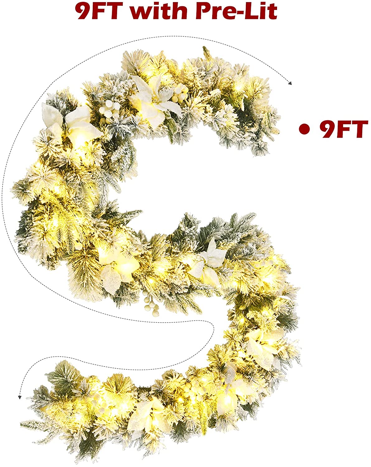 9ft Snow Flocked Christmas Garland with 50 LED Light - LucktreeUS