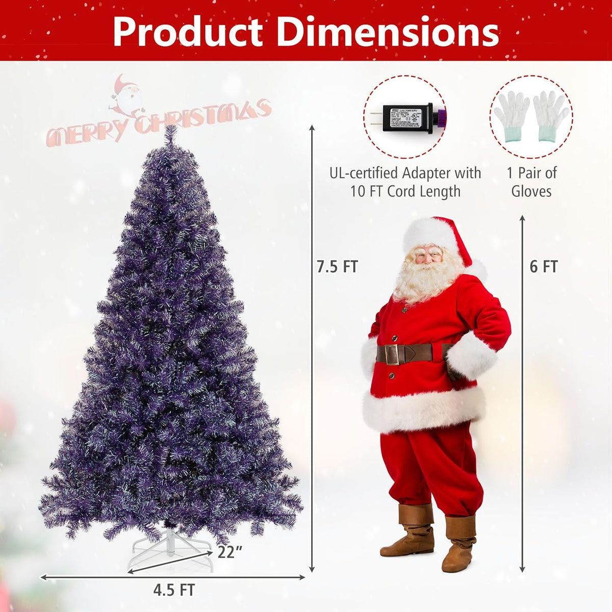 Lucktree 6FT / 7.5FT Pre-Lit Tinsel Christmas Tree with Warm White LED Lights