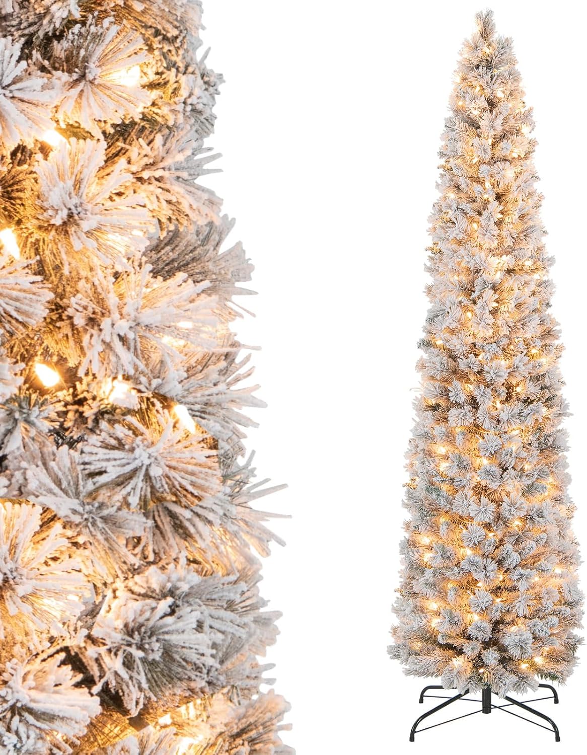 Lucktree Pre-Lit Snow Flocked Pencil Christmas Tree for Home Office Holiday Decor