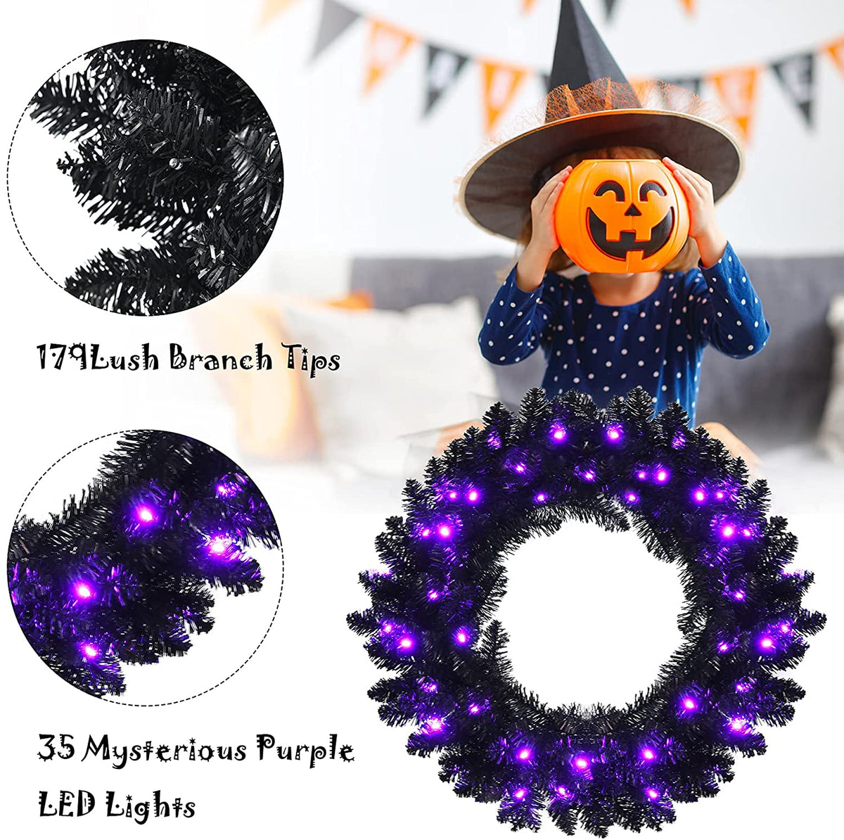 24' Black Halloween Wreath, Pre-lit Artificial Christmas Wreath - LucktreeUS