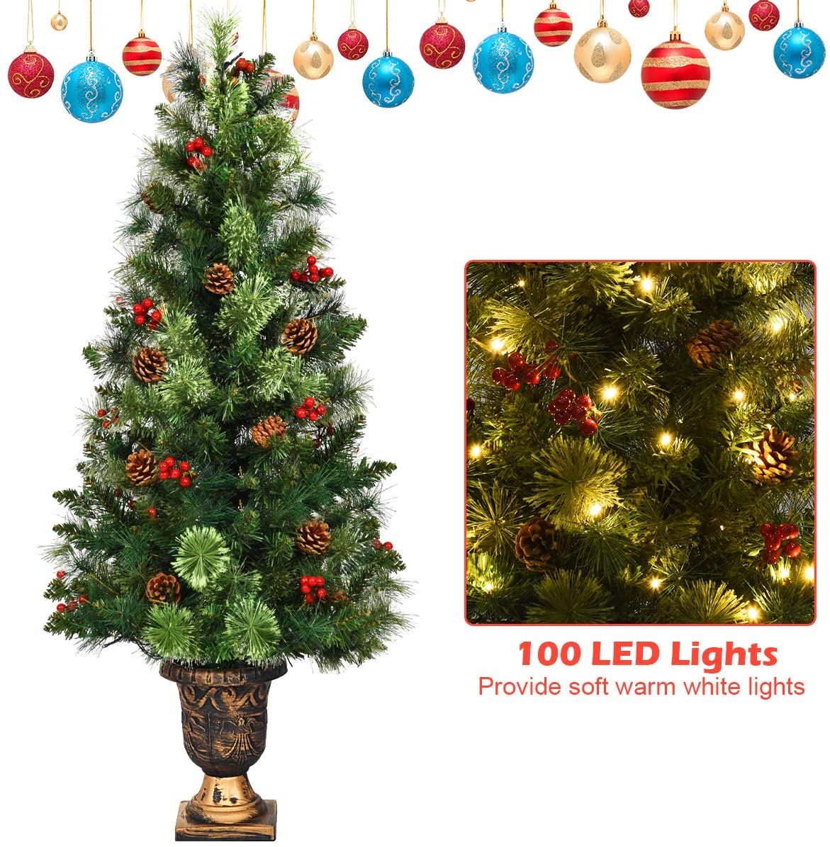 5 FT Christmas Tree Pre-Lit Tabletop Artificial Entrance Tree with 100 Led Lights - LucktreeUS