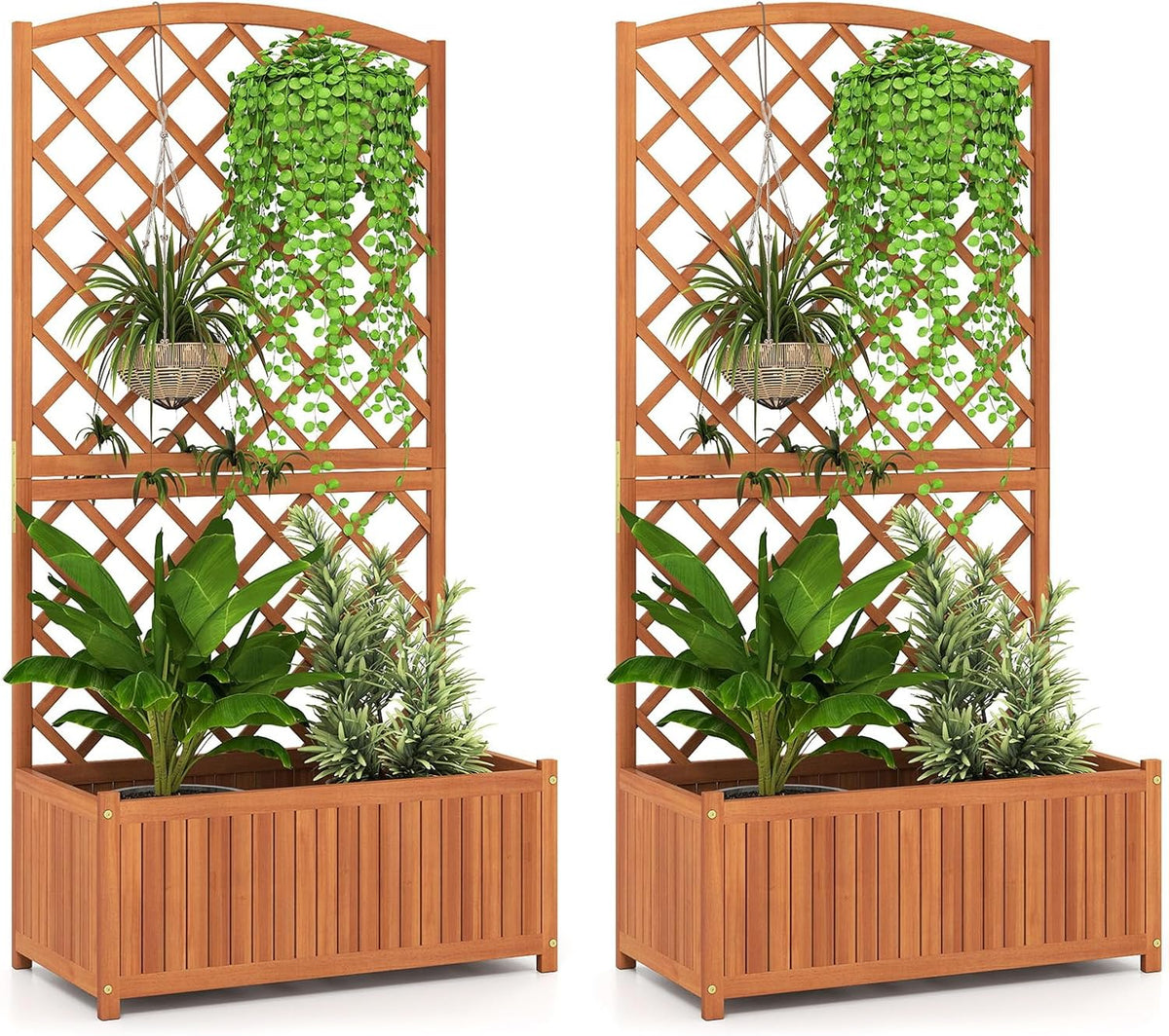 Lucktree Solid Acacia Wood Planter Box with Trellis 63" Raised Garden Bed with Trellis
