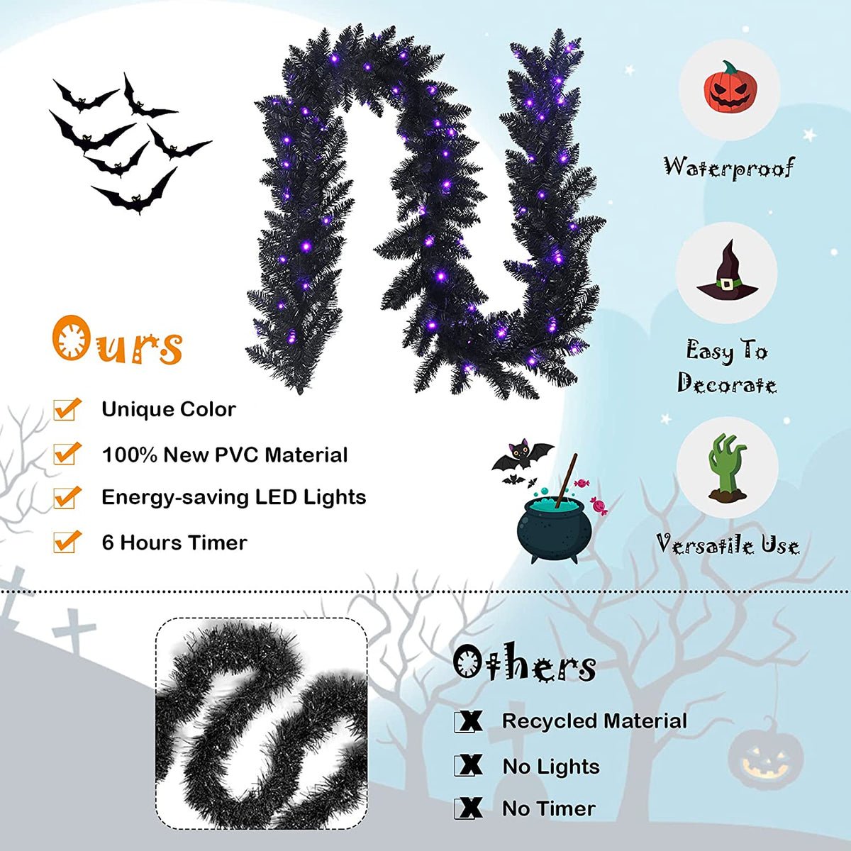 9FT Black Halloween Garland with Lights - LucktreeUS