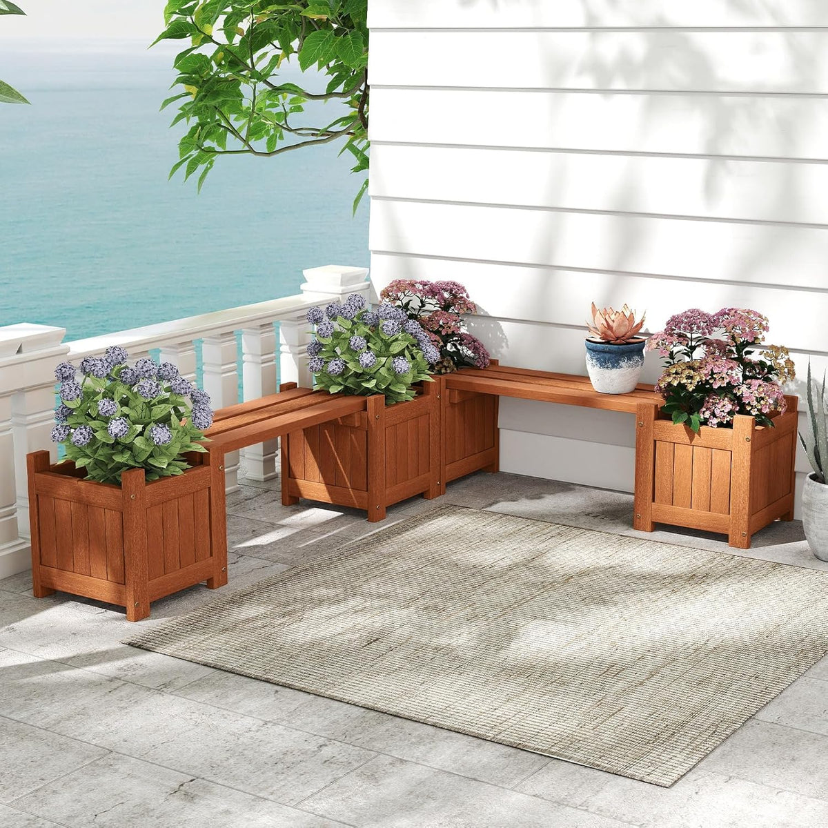 Lucktree 2-in-1 Outdoor Bench with 2/4 Planter Boxes Wood with Teak Oil Finish 42"x11"x11.5"