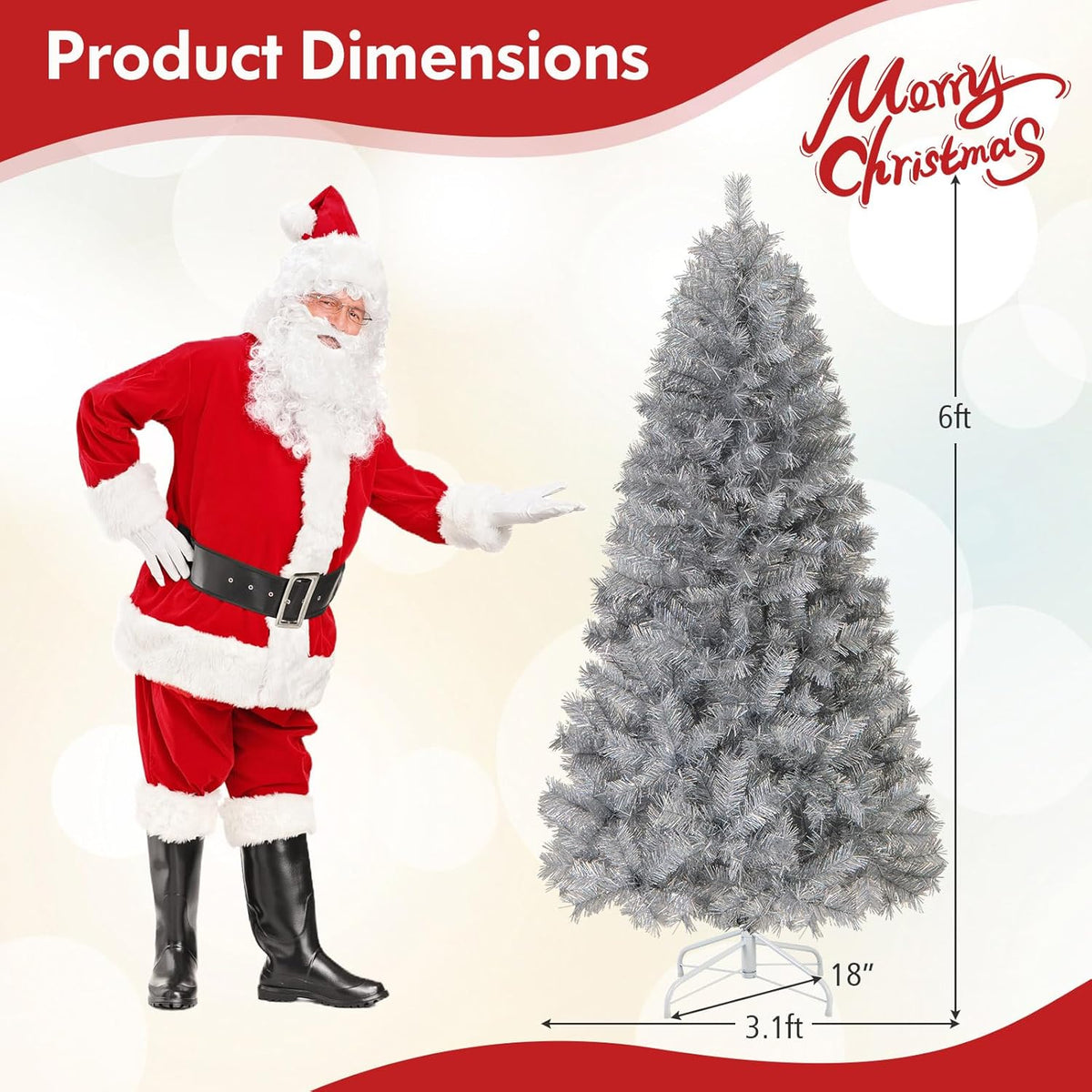 Lucktree 5ft / 6ft / 7 ft Pre-Lit Silver Tinsel Christmas Tree with Warm White LED Lights